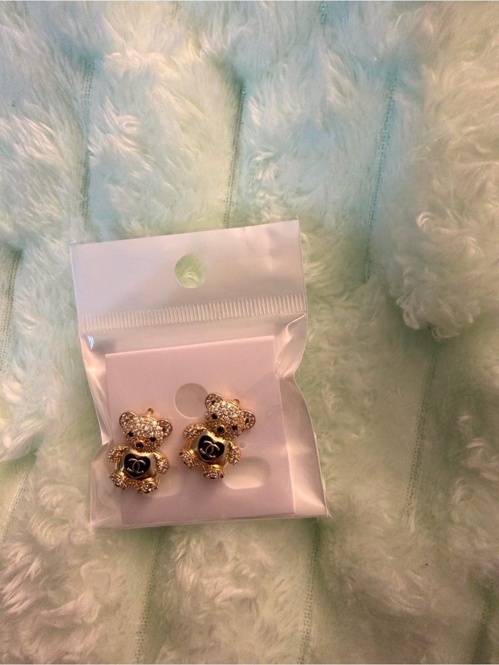 Gold Teddy Bear Kids Earrings with Black Heart Detail